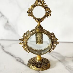 Vintage Gold ORMOLUR Filigree Large Perfume Bottle_Cupid Hollywood Regency Glass